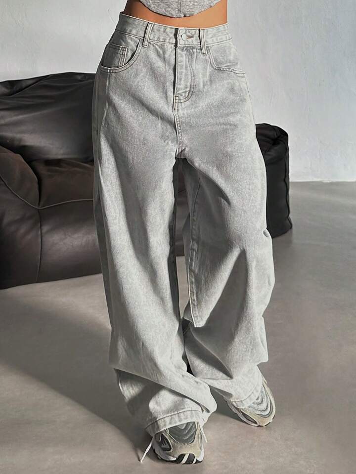 Damen Weite Jeans im lässigen Urban-Style mit hohem Bund und markanten Nähten R&B