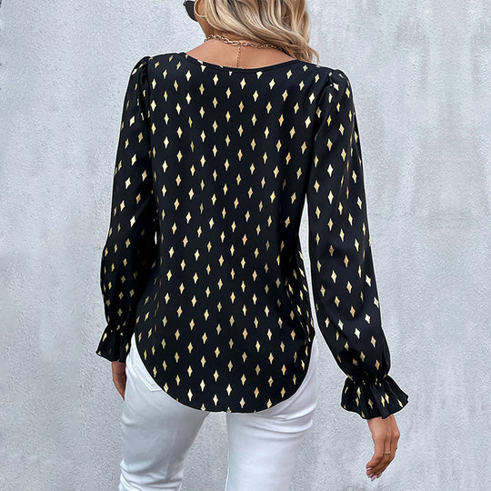 Damen Bluse mit elegantem geometrischem Muster und Rüschendetails R&B