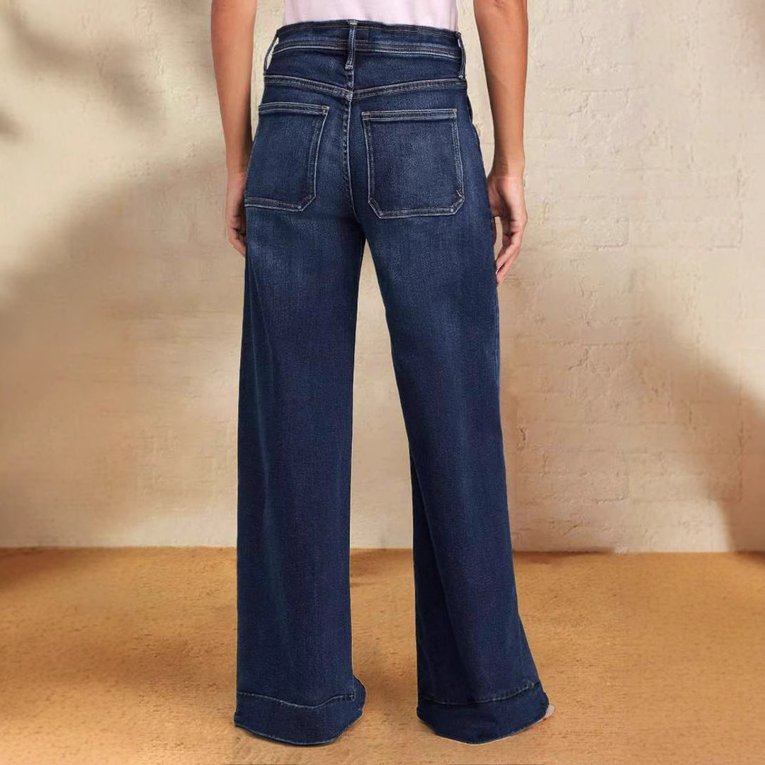 Damen Weite Denim-Hose mit hohem Bund und regulierbarem Kordelzug R&B