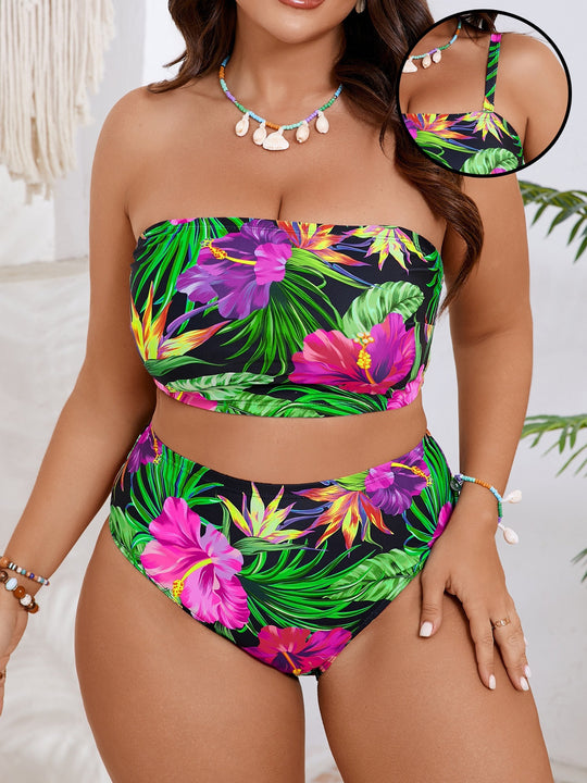 Damen Bandeau-Bikini mit floralem und tierischem Muster R&B