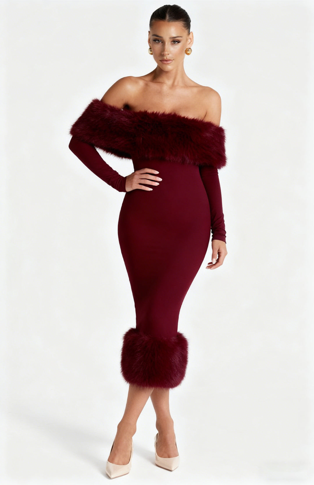 Damen Figurbetontes Kleid mit abnehmbaren Kunstfell-Akzenten R&B