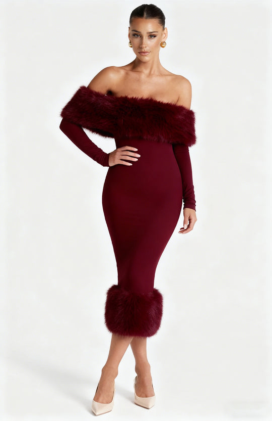 Damen Figurbetontes Kleid mit abnehmbaren Kunstfell-Akzenten R&B