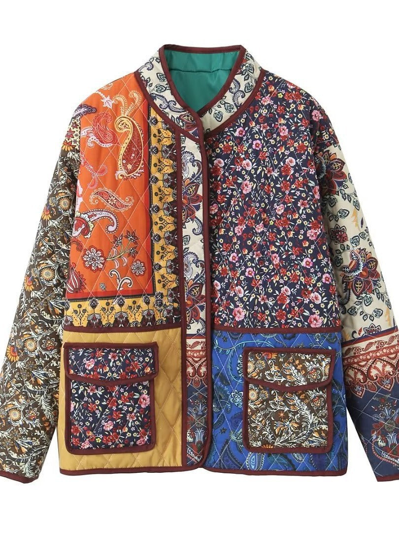 Damen gesteppte Patchworkjacke mit floralem Design und praktischen Taschen R&B