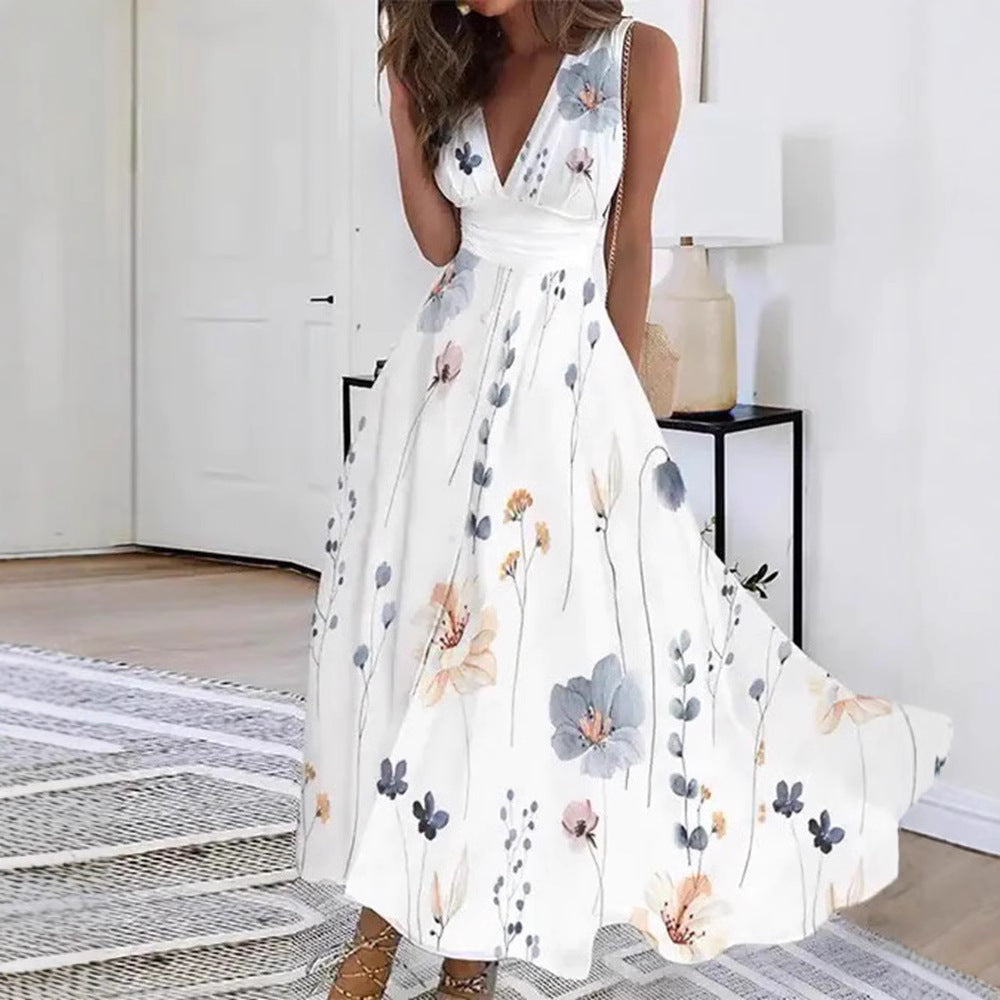 Damen Blumiges A-Linien Maxikleid mit V-Ausschnitt und eleganten Trägern R&B