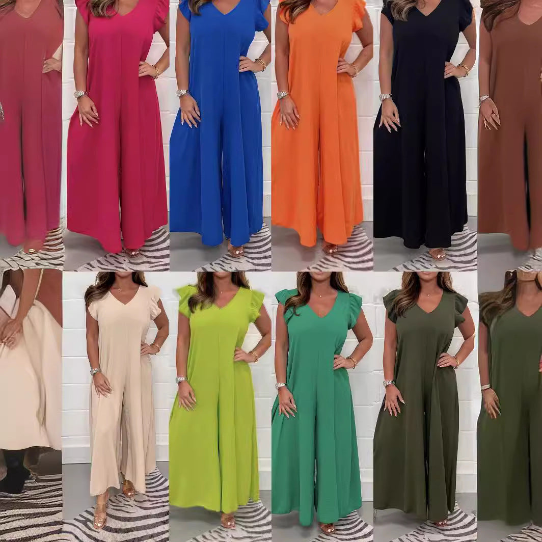 Damen legerer Jumpsuit mit fließendem Schnitt und V-Ausschnitt R&B