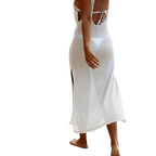 Damen luftiges Maxikleid mit transparentem Häkelmuster und seitlichen Schlitzen R&B