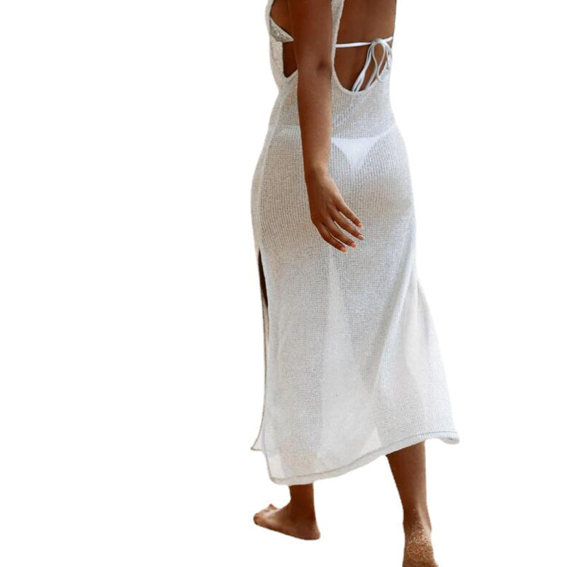 Damen luftiges Maxikleid mit transparentem Häkelmuster und seitlichen Schlitzen R&B