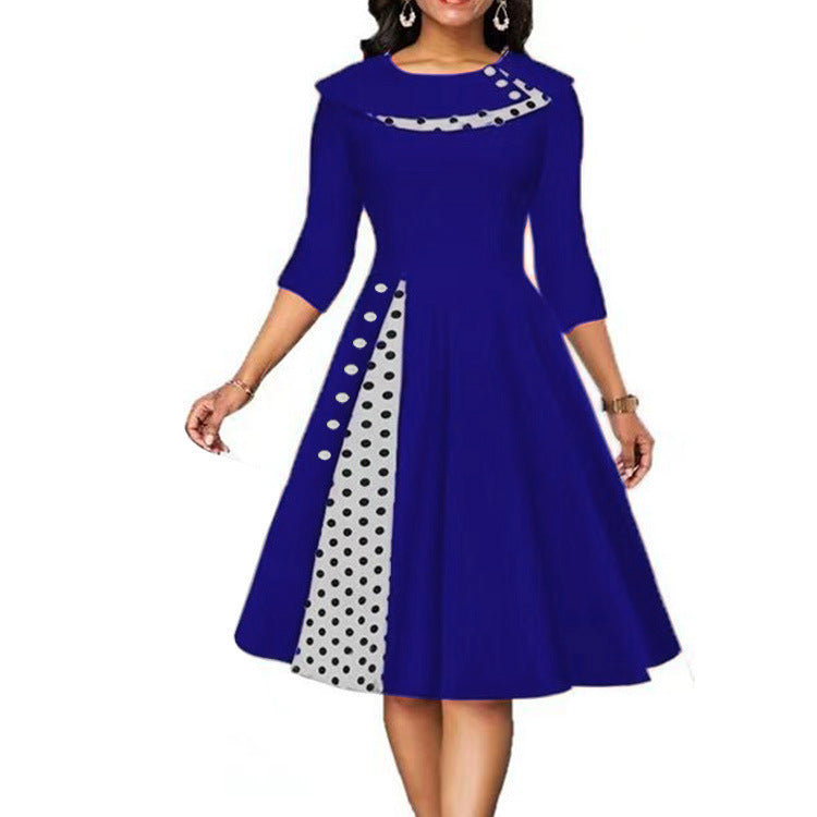 Damen Elegantes Midi-Kleid mit Punkten und seitlicher Kontrastdetail R&B
