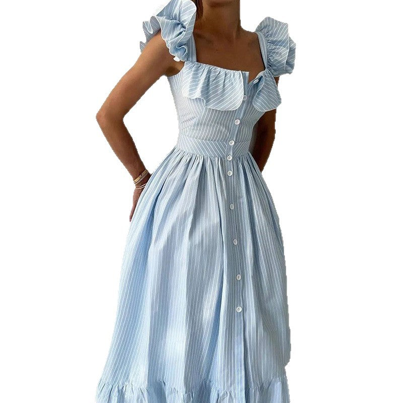 Damen Maxikleid mit Rüschendetails und Knopfleiste R&B