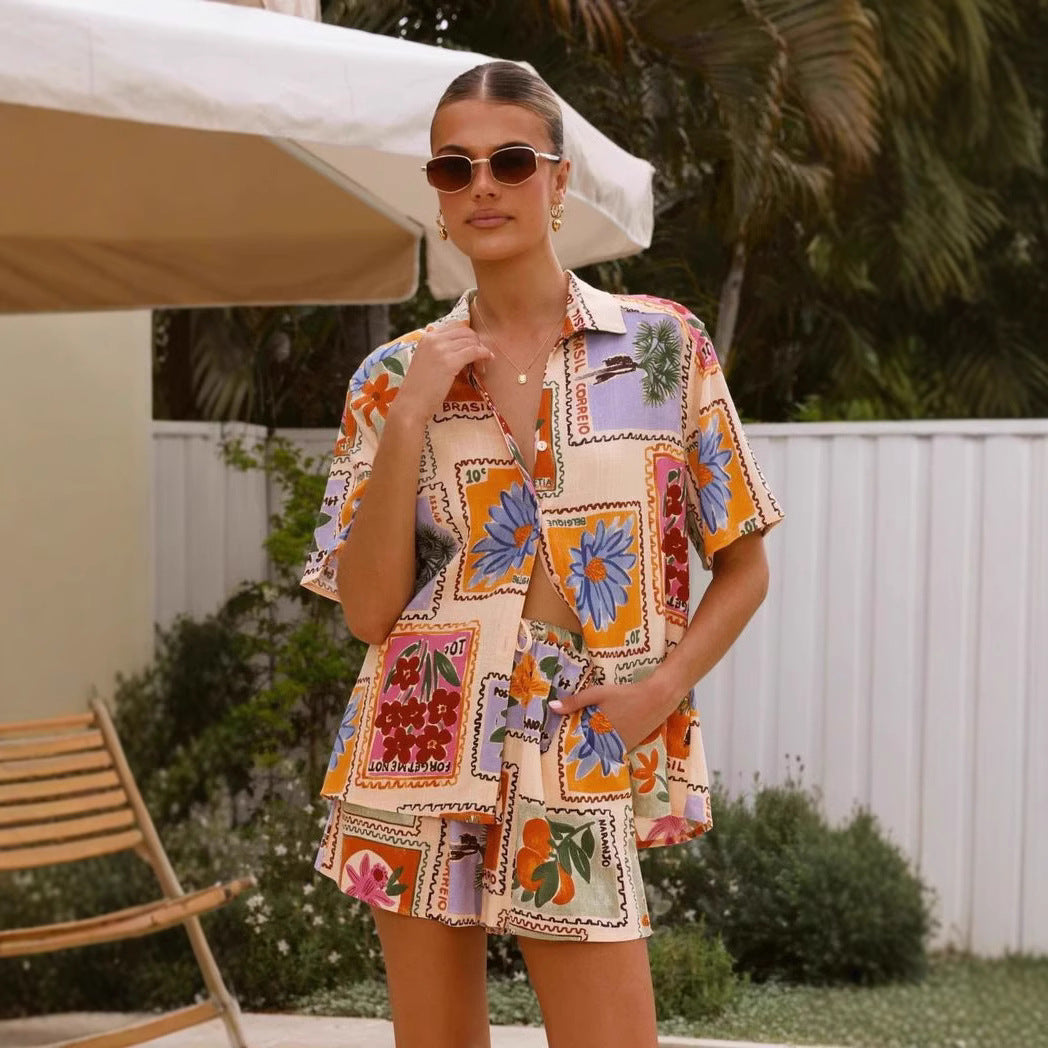 Damen Kurzarm-Hemd mit passender Shorts im floralem Design R&B