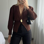 Damen modischer Strickcardigan mit tiefem V-Ausschnitt und dekorativem Knopf R&B