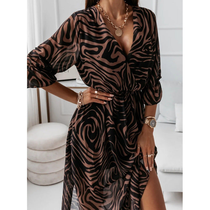 Damen elegantes Maxikleid mit animalischen Mustern und modischem Schlitz R&B