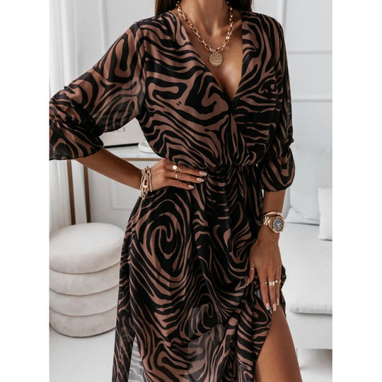 Damen elegantes Maxikleid mit animalischen Mustern und modischem Schlitz R&B