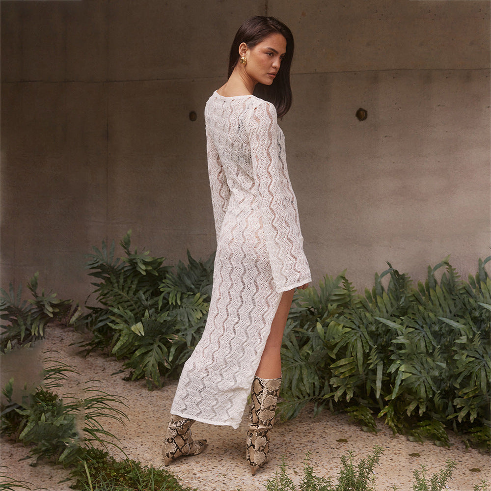 Damen elegantes gehäkeltes Strandkleid mit seitlichem Schlitz R&B