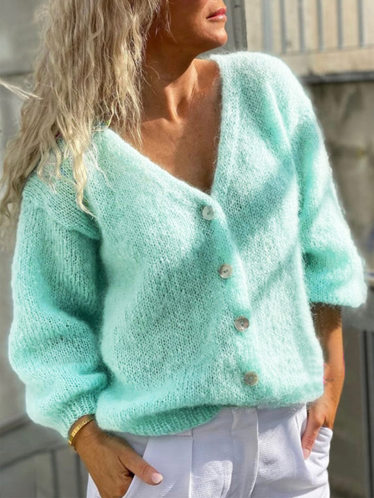 Damen gemütliche Strickjacke mit V-Ausschnitt und lässigen Puffärmeln R&B