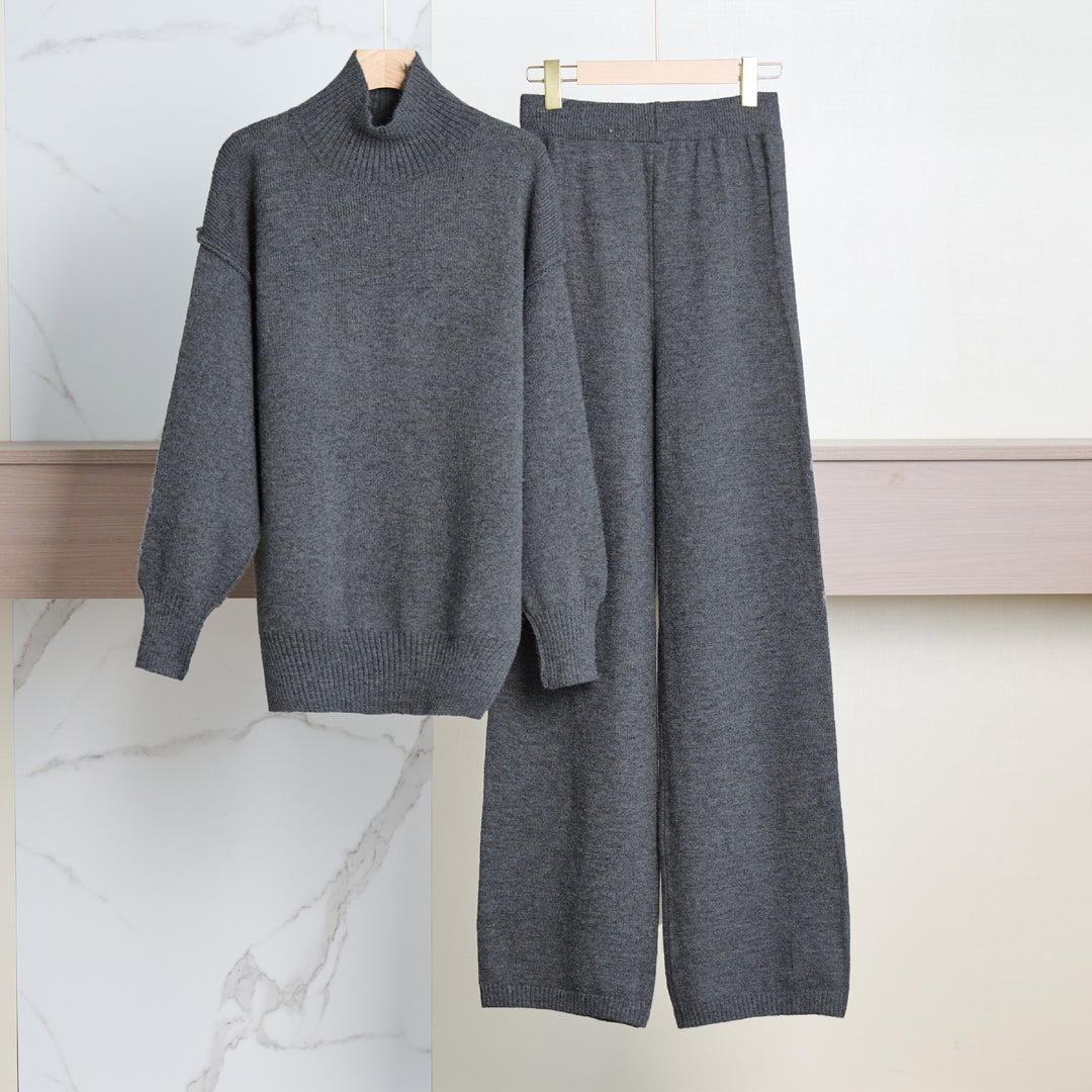Damen Gemütliches Strickensemble mit hohem Kragen und weit geschnittenen Hosen R&B
