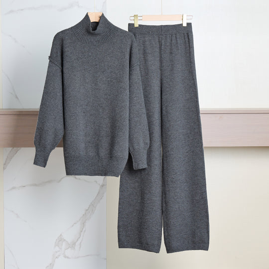 Damen Gemütliches Strickensemble mit hohem Kragen und weit geschnittenen Hosen R&B