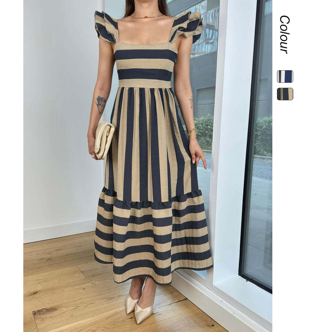 Damen Maxi-Kleid mit verspieltem Streifenmuster und Rüschendetails R&B