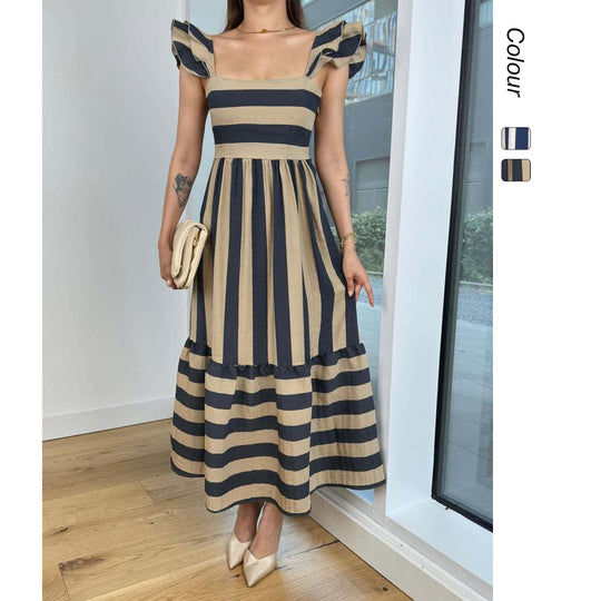 Damen Maxi-Kleid mit verspieltem Streifenmuster und Rüschendetails R&B