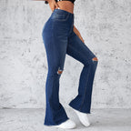 Damen Schlagjeans mit distressed Details und hohem Bund R&B