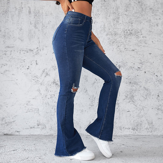 Damen Schlagjeans mit distressed Details und hohem Bund R&B