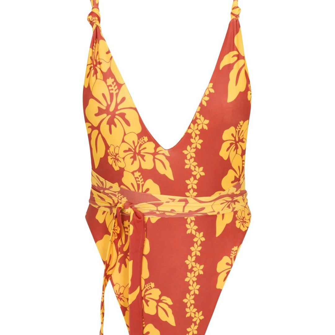 Damen Einteiliger Badeanzug mit tiefem V-Ausschnitt und floralem Design R&B