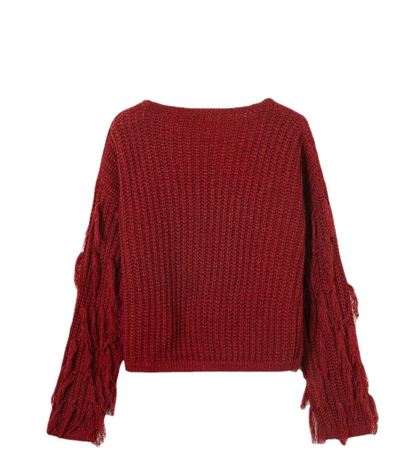 Damen Strickpullover mit fransigen Ärmeln und strukturierter Oberfläche R&B