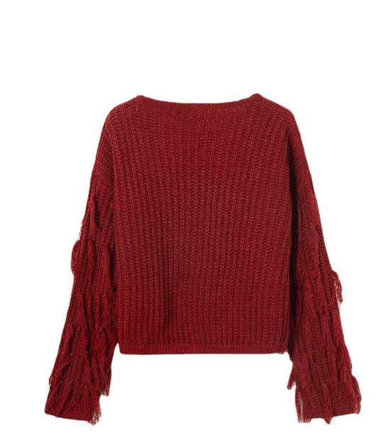 Damen Strickpullover mit fransigen Ärmeln und strukturierter Oberfläche R&B