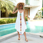 Damen luftiges Strandkleid mit buntem Häkelmuster und asymmetrischem Saum R&B
