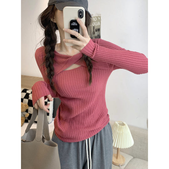 Damen Langarmshirt mit offener Schulterpartie und Rippstrickmuster R&B