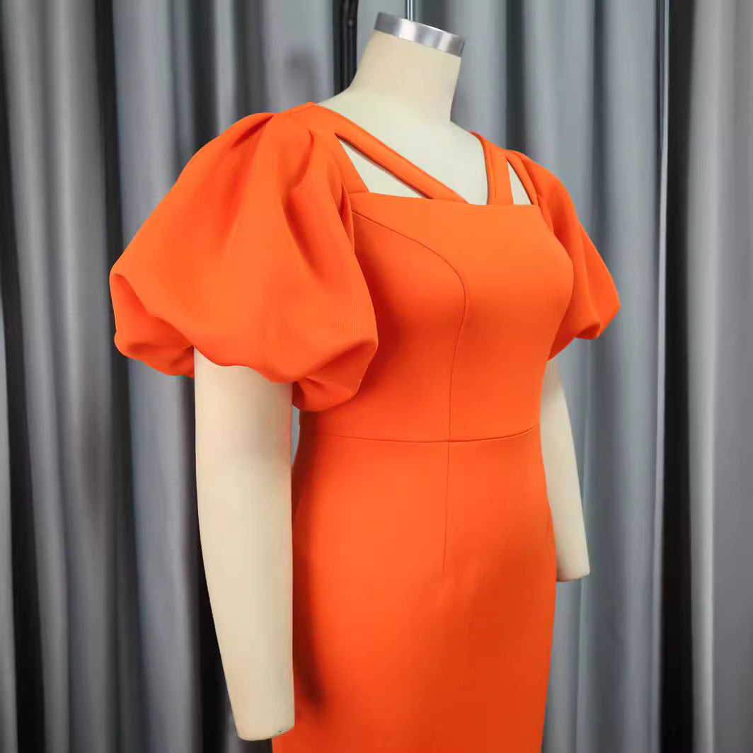 Damen Figurbetontes Kleid mit voluminösen Puffärmeln und innovativem Ausschnitt R&B