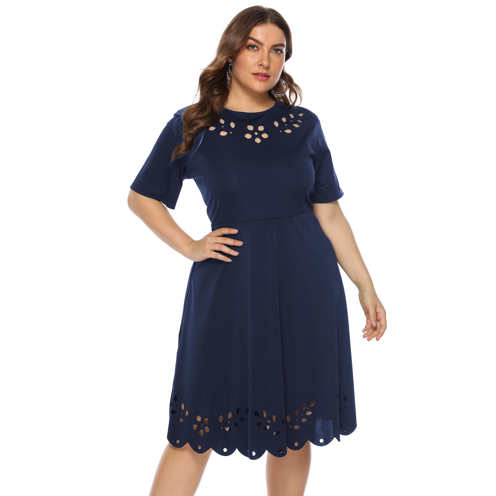 Damen elegantes Kleid mit durchbrochenem Kragen und wellenförmigem Saum R&B