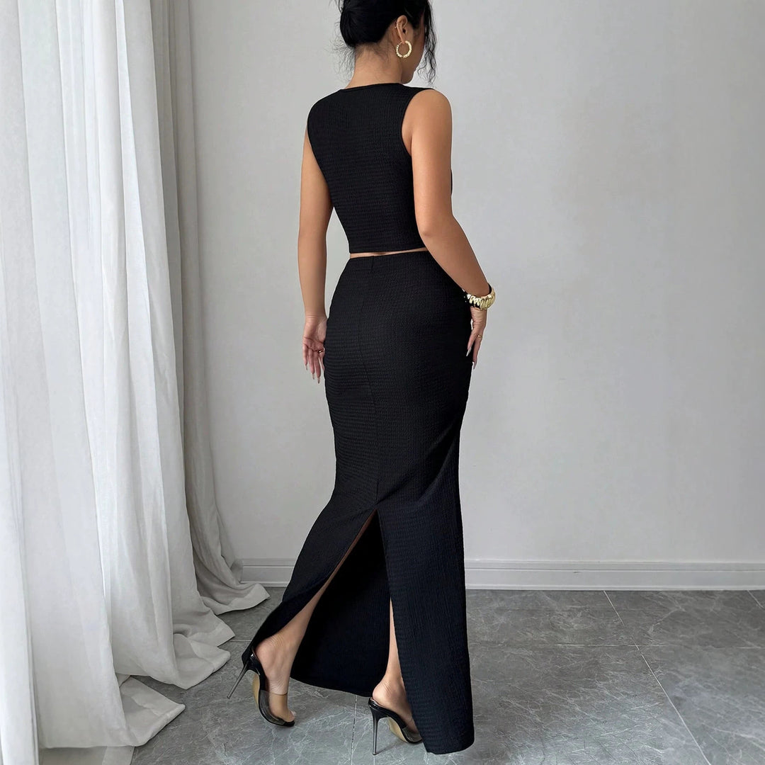 Damen nan zweiteiliges tailliertes Set mit asymmetrischem Cut-Out Crop-Top und figurbetontem Maxi-Bleistiftrock R&B