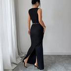 Damen nan zweiteiliges tailliertes Set mit asymmetrischem Cut-Out Crop-Top und figurbetontem Maxi-Bleistiftrock R&B