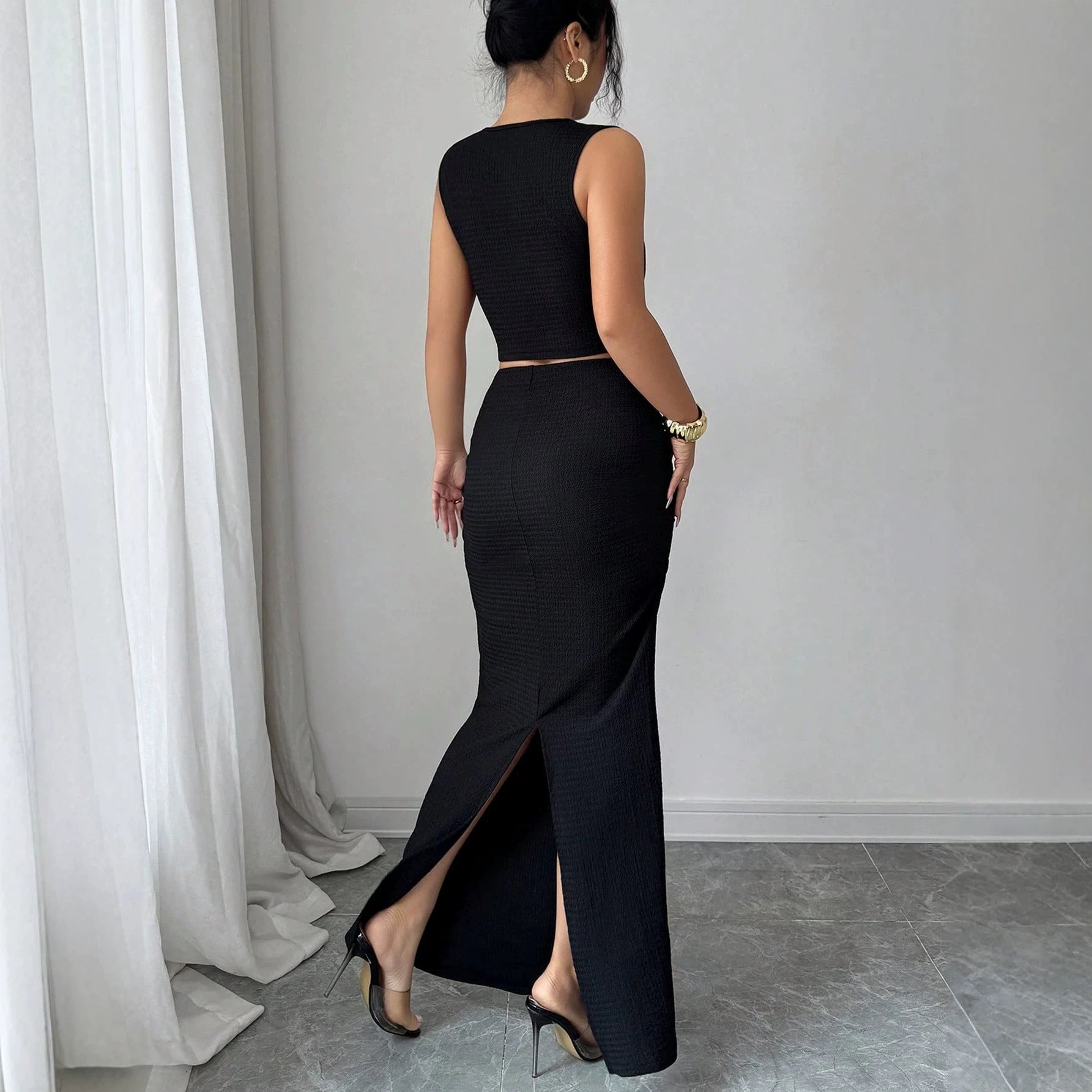 Damen nan zweiteiliges tailliertes Set mit asymmetrischem Cut-Out Crop-Top und figurbetontem Maxi-Bleistiftrock R&B