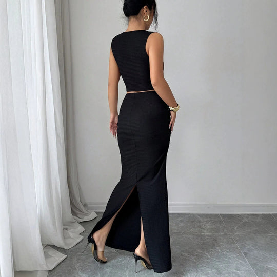 Damen nan zweiteiliges tailliertes Set mit asymmetrischem Cut-Out Crop-Top und figurbetontem Maxi-Bleistiftrock R&B