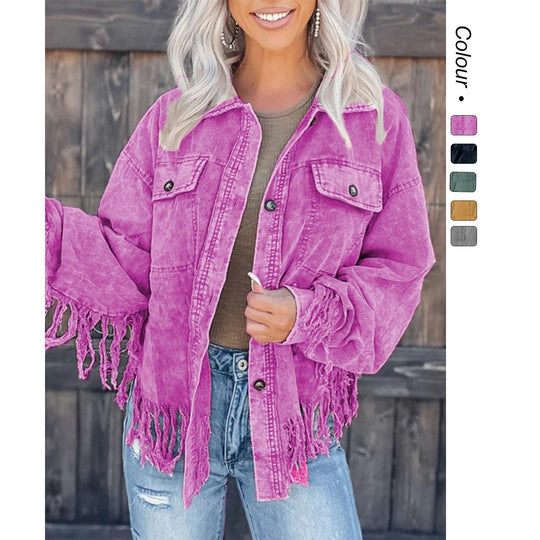 Damen Fransen-Jacke aus Denim im lässigen Oversize-Schnitt R&B