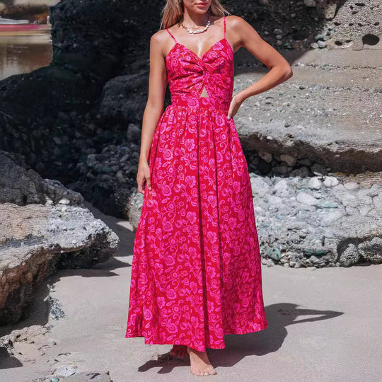 Damen Maxikleid mit raffiniertem Knotendesign und floralem Muster R&B