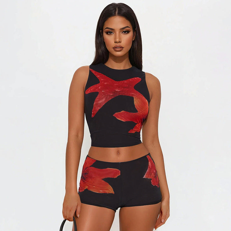 Damen Sportliches Crop-Top und kurze Hose Set R&B