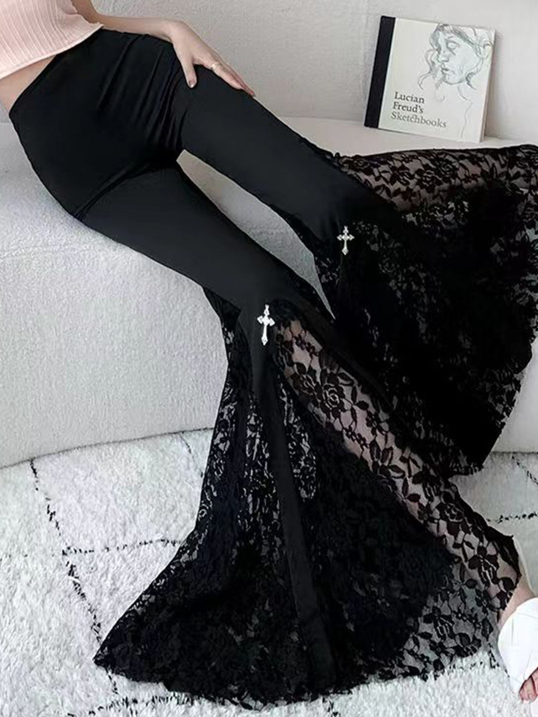 Damen Elegante Schlaghose mit Spitzenapplikationen R&B