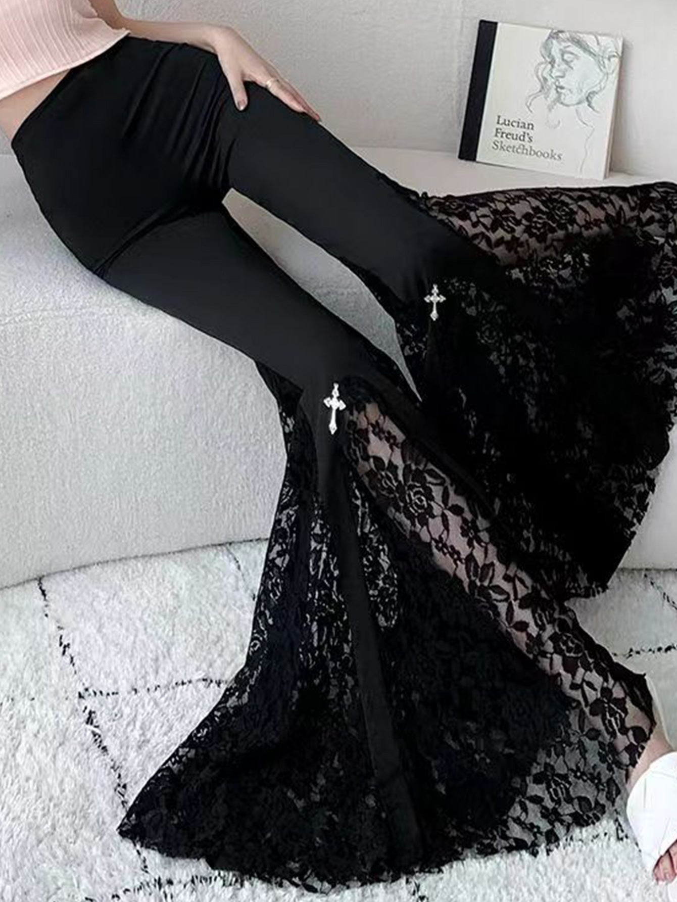 Damen Elegante Schlaghose mit Spitzenapplikationen