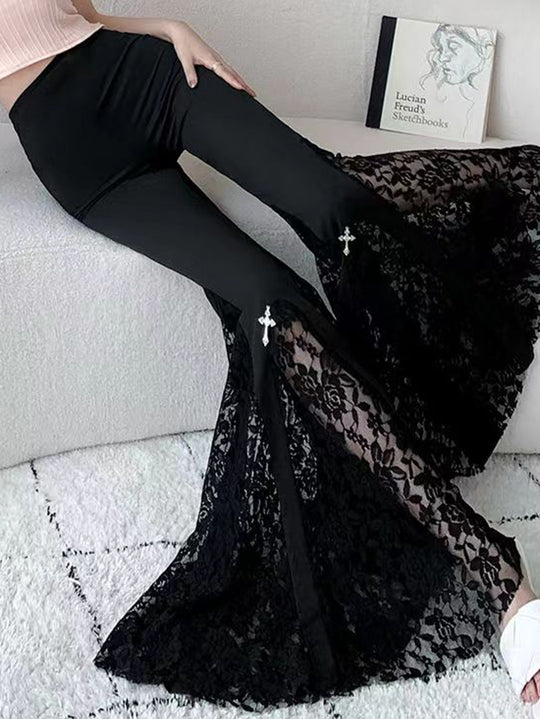 Damen Elegante Schlaghose mit Spitzenapplikationen R&B