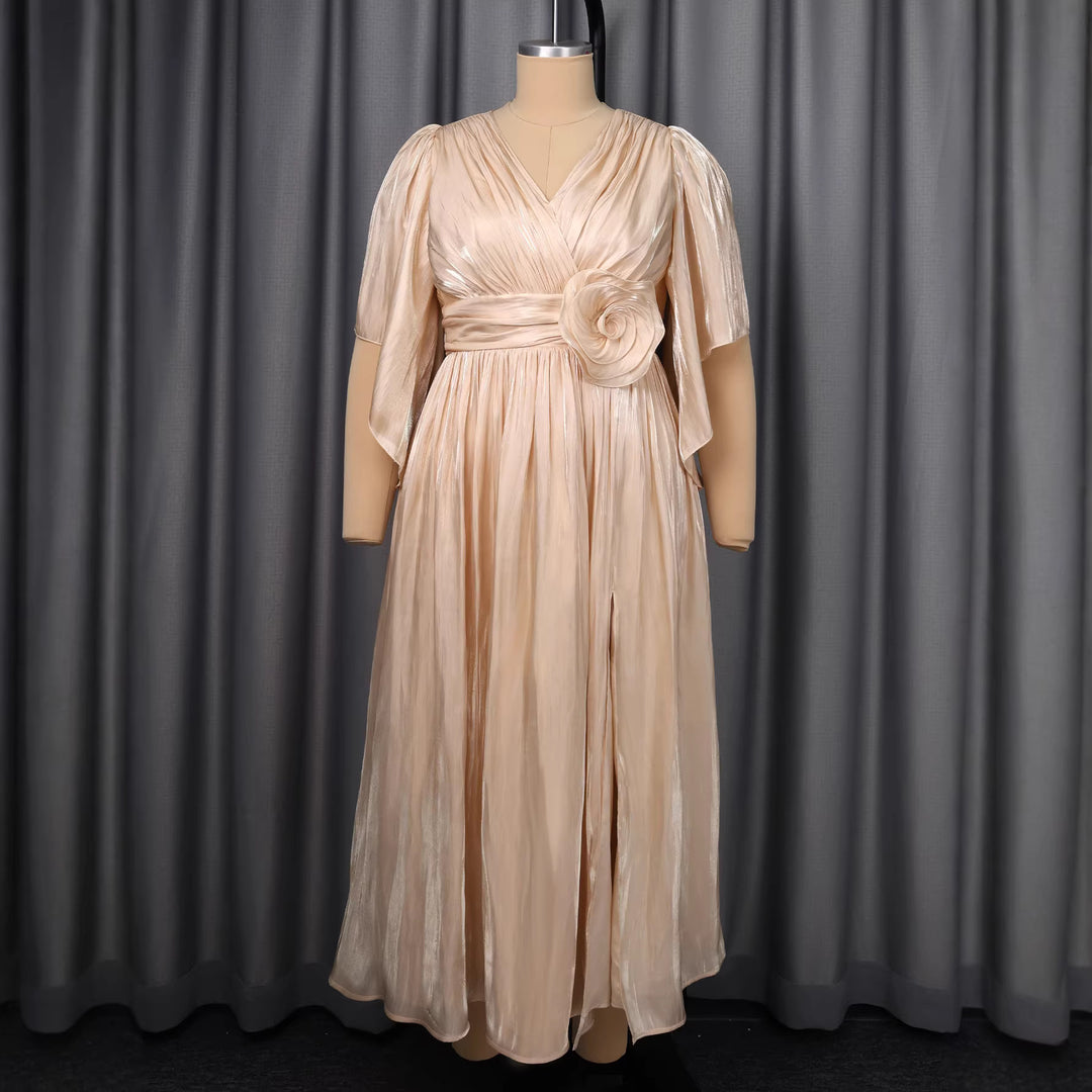 Damen Fließendes Maxi-Kleid mit eleganten Volantärmeln und Taillengürtel R&B