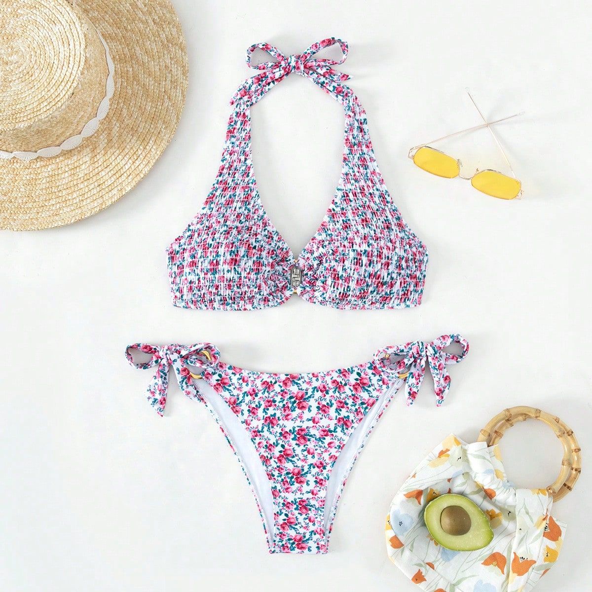 Damen Triangel-Bikini mit verspieltem Blumenmuster und komfortablen Schleifen