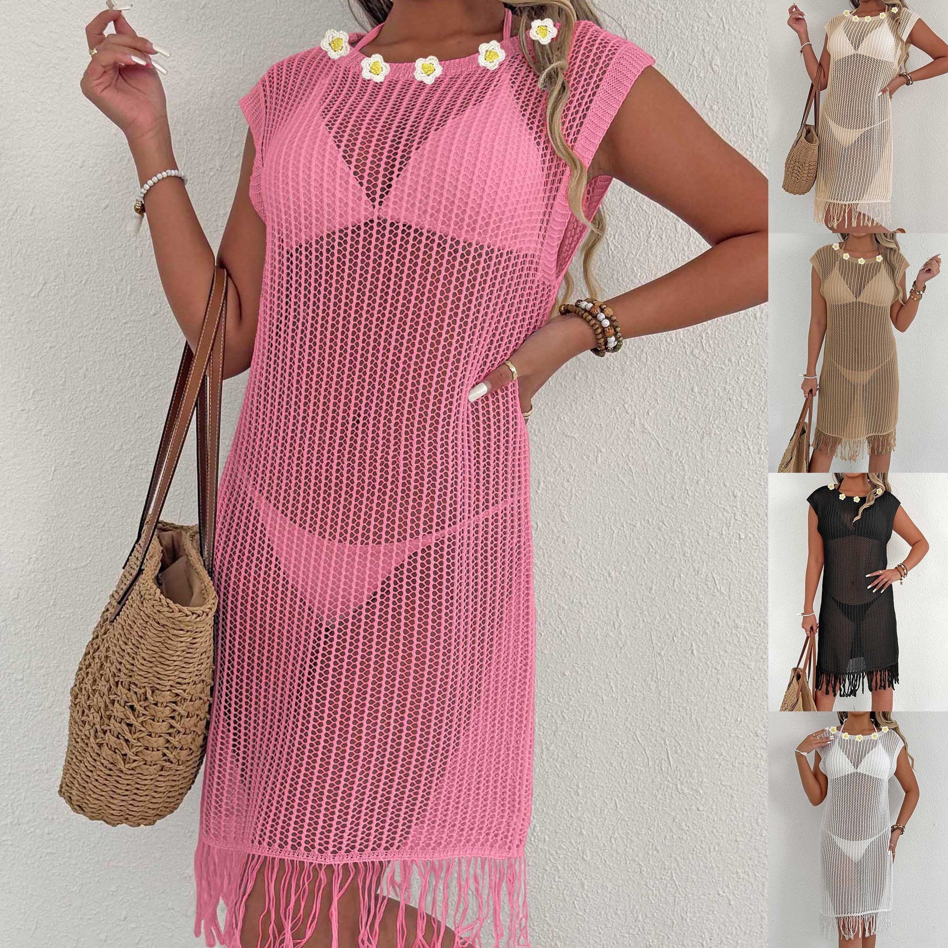 Damen luftiger Netzstrandkleid mit Fransen R&B