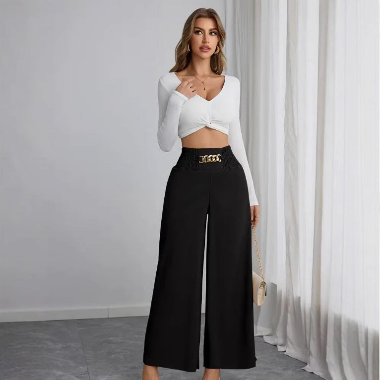 Damen Weite High-Waist Hose mit dekorativem Gummizug und modischem Gürtel R&B