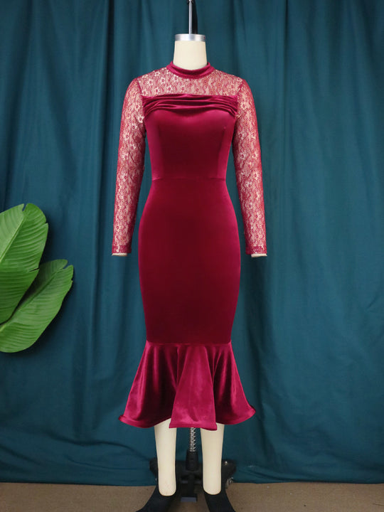 Damen Elegant Fit-and-Flare Kleid mit Spitzenärmeln R&B