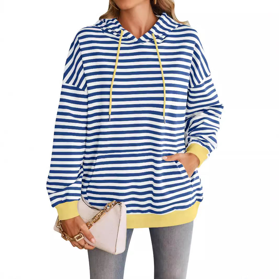 Damen gestreifter Kapuzenpullover mit stylischer Kängurutasche R&B