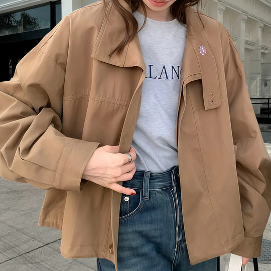 Damen modische Kurzjacke mit innovativem Kragen und dekorativen Knöpfen R&B