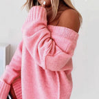 Damen Off-Shoulder Strickpullover mit weitem Schnitt und Rippenden